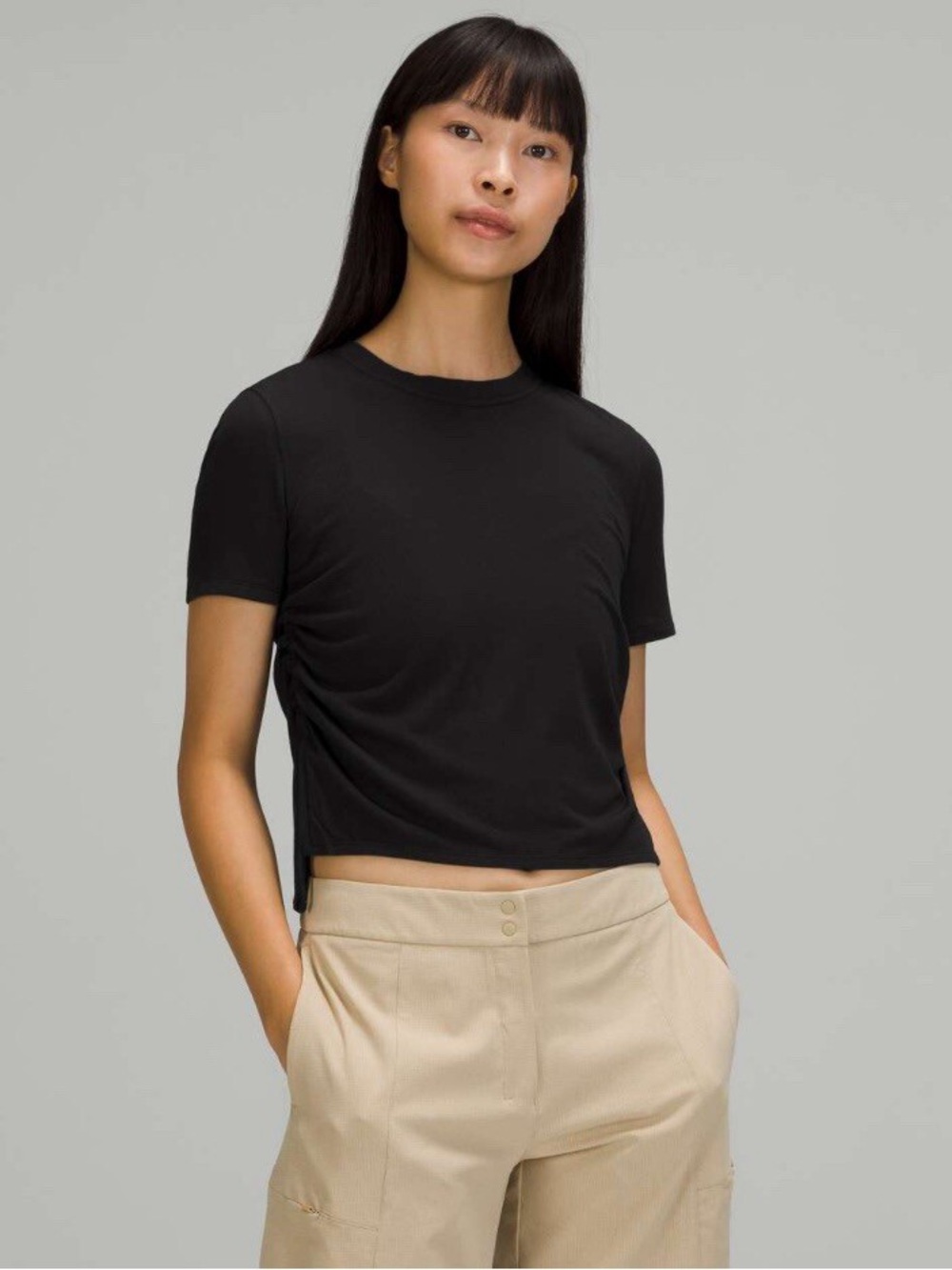 Lululemon Black Modal Side Cinch Ribbed T-Shirt Sz 14 Athleisure Minimalist Gym